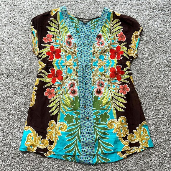 Tommy Bahama Womens Tropical Floral Print Tunic Top S/P Multicolor Short Sleeve - Picture 3 of 9